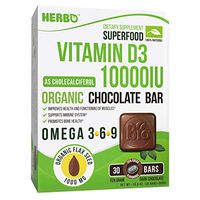 D3 Vitamin Cholecalciferol 10000 IU in Organic Dark Chocolate by Herbo Superfood - Healthy Bones, Muscle Teeth, Promotes Colon Health, Supports Immune System - 30 Omega-3 Enriched Chocolate Bars