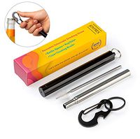 Reusable Collapsible Metal Drinking Straw with Compact Travel Case, Foldable Cleaning Brush, Keychain, Carabiner & Integrated Bottle Opener