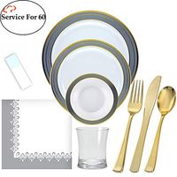 Tiger Chef Service For 60 Dinnerware Set (60) 10.25-inch Dinner Plates (60) 7.5-inch Salad Plates (60) 14 Oz Soup Bowls (60) Tumblers (120) 2-Ply Napkins (60) Napkin Bands (72) Cutlery Sets BPA FREE