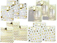 UNIQOOO 12Pcs Assorted Gold Foil Metallic Gift Bags Bulk w/Gift Tag, 100% Recyclable Durable, for Gift Wrapping, Easter Stuffer, Wedding Birthday Party Favor Paper Bags, Large 12½ x10½x4Inch