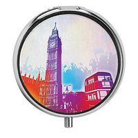 Huayuanhurug Historical Big Ben and Bus Bell Clock Tower UK Europe Street Landmark Custom Fashion Round Pill Box Wallet Organizer Case for Pocket or Purse