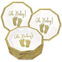 Gift Boutique 50 Baby Shower Plates 9 Inch Paper Disposable Dinner Plate Tableware for Boys or Girls Neutral Gender Reveal Party Supplies Decorations Gold Foil and White Oh Baby with Baby Footprints