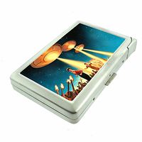 Cigarette Case with Built in Lighter Vintage Alien Abduction S14 Smoking King Size Cigarettes Silver Metal Wallet 4" X 2.75" RFID Protection Space Invaders