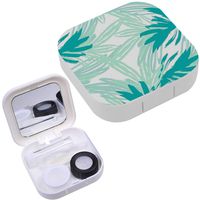 Portable Contact Lens Case Box Travel Kit Mirror + Bottle + Tweezers Container Holder [ Green Tropical Leaves ]