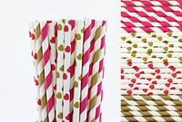 Hot Pink and Gold Valentines Paper Straws Mix - Stripes and Hearts (50)