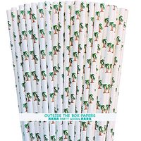 Palm Tree Paper Straws - Tropical Hawaiian Party Supply - Green Brown White - 100 Pack