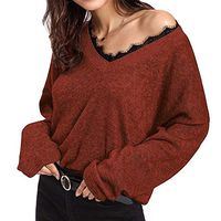 Theoylos Women V-Neck Long Sleeve Lace Knitted Pullover Ladies Loose Sweater Open Shoulder Jumper Tops Wine