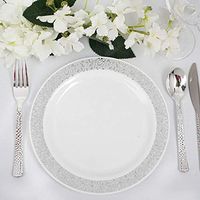 Efavormart 50 Pcs - White with Silver Trimmed 9" Round Disposable Plastic Plate for Wedding Party Banquet - Picturesque Collection