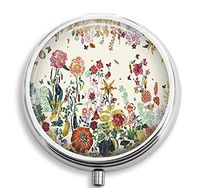 BeeGogo - Background of Flowers Custom Round Silver Pill Box Pocket 2.1 inches Medicine Tablet Holder Organizer Case for Purse