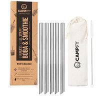 CAMPFY 9" Stainless Steel Boba Straw Original Set: 5 Angled-Tip Straws & Cleaning Brush - Wide Bubble Tea Straws - Reusable Metal Drinking Straws for Reduced Plastic Consumption - Dishwasher Safe