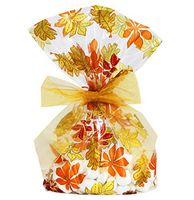 Saybrook Products Fall Autumn Leaves/Thanksgiving Cellophane Treat/Party Favor Bags with Gold Twist-Tie Organza Bow. Set of 10 Gussetted 11x5x3 Goodie Bags with Bows