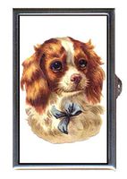 Victorian Puppy Dog Spaniel w/Blue Bow Cute Decorative Pill Box