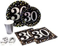30th Birthday Pack! Disposable Paper Plates, Napkins, Cups & Candles Set for 15 (With free extras)