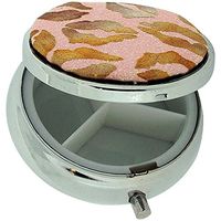 Pill Box Silver Plated Pink Glitter & Bronze Lips Print Compact Travel Pill Case SC1000