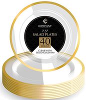 Disposable Clear Plastic Plates – 40 Pack Thin Gold Rim 7.5” Round Plate for Dinner, Salad, Dessert – Elegant Design for Wedding, Birthday, Party – by Elite Selection
