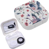 Portable Contact Lens Case Box Travel Kit Mirror + Bottle + Tweezers Container Holder [ Watercolor Nature Patern Crane ]
