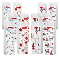 12 Pack of Wine Bottle Gift Bags - Includes White Tissue Paper - for Christmas and Holiday Present Wrapping (White & Red Christmas)
