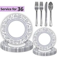 Silver Decor Disposable Dinnerware - 36 Sets - Large Plates (10"), Small Plates (7"), Shiny Silverware (Spoon, Knife, 2 Forks)- Sturdy Paper Party Supplies - Weddings, Holidays, Anniversaries, Events