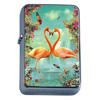 Kissing Flamingos Flip Top Oil Lighter S3 Smoking Cigarette Smoker Includes Silver Case