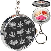 Portable Metal Pill Organizer Keychain Case Stash Box with 3 Compartments for Medicine Vitamin (Decorative Grey Marijuana)