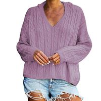 HNTDG Womens Hoodies Chunky Knit Pullover Pure Color Tops Long Sleeve V-Neck Cute Sweater Blouse Purple