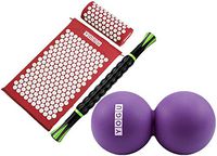 YOGU Acupressure Mat Pillow and Muscle Roller Massage Stick Set for Back and Neck Pain Relief and Muscle Relaxation Relieves Stress Back Neck and Sciatic Pain (Red w Stick+Ball)