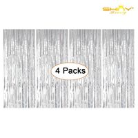 Foil Fringe-Backdrop-12FTX8FT-Silver Tinsel Metallic Fringe Curtains Shinny Party Accessory(Pack of 4) (Silver)