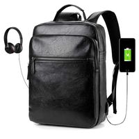 Men's Backpack with USB Leather Laptop Travel Bag Vintage Daypacks (Black)