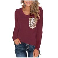 Women's Sequin Pocket Summer Tops Short Sleeves V Neck T Shirt Casual Basic Tees with Side Slits Wine