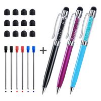 Crystal Stylus Pens, CHAOQ 3 Pcs, Black, Red, Blue, Stylus Pen and Ballpoint Pens (Black Red Blue Ink, 1.0mm) for Touch Screens iPad, iPhone, Tablet, Kindle, with 12 Extra Rubber Tip, 6 Refills