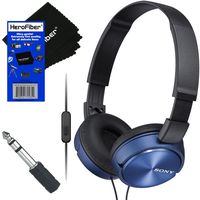 Sony Wired On-Ear Foldable Stereo Headphones with Microphone MDR-ZX310AP (Blue) + 3.5mm Mini Plug to 1/4 inch Headphone Adapter & HeroFiber Ultra Gentle Cleaning Cloth