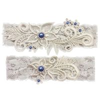 GARGALA Wedding Garters for Bride Bridal Lace Garter Set with Blue Rhainstone (Blue White, Medium)
