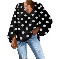 Sunhusing Women's Casual V-Neck Solid Color Polka Dot Printed Loose Lantern Sleeve Long Sleeve T-Shirt Top(Black,XL)