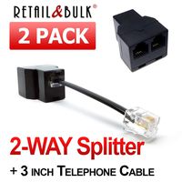 2-WAY RJ11 Splitter Female To Female Telephone Line Adapter with Cable (Black, 2-PACK)
