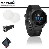 Garmin Forerunner 245 Music GPS Running Smartwatch (Black) + Car Adapter + Tempered Screen Protector + Cleaning Cloth