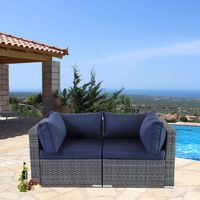 Leaptime Patio Sofa Love seat Corner Sofa Set of 2 Gray PE Wicker Navy Cushion Fashion Color Rattan Sectional Sofa