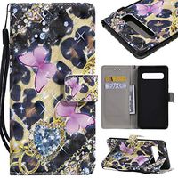 Wallet Leather Case for Samsung Galaxy S10 5G,Aoucase Fancy 3D Painted Full Body Magnetic Soft Silicone Card Slot Strap Stand PU Leather Case with Black Dual-use Stylus - Pink Butterfly