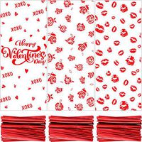 150 Pieces Valentine Cellophane Bags Treat Bags Goodies Bags Candy Bags with 150 Pieces Twist Ties for Valentine's Day Party Favor Supplies (Lip, Rose and Happy Valentine's Day Design)