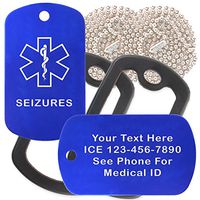 Custom 2 Pack - Seizures Medical Alert ID Necklaces with Blue Custom Tags, Black Silencers, and 30'' USA Chains