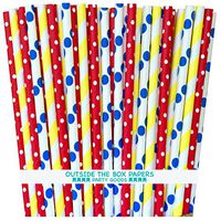 Outside the Box Papers Circus Theme Polka Dot and Stripe Paper Straws 7.75 Inches 75 Pack Red, Blue, Yellow, White