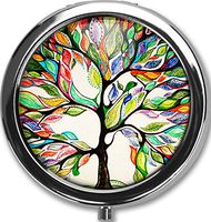 Tree Pattern Custom Round Black Pill Case Pocket 2.1 inches Medicine Tablet Holder Organizer Case for Purse/Three-Compartment Pill Box/Black Pill Case