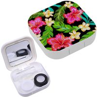 Portable Contact Lens Case Box Travel Kit Mirror + Bottle + Tweezers Container Holder [ Pical Hibiscus Plumeria ]