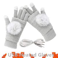 Women's & Men's USB Heated Gloves Mitten Winter Hands Warm Laptop Gloves, Pom Pom Knitting Hands Full & Half Heated Fingerless Heating Warmer Washable Design (Gray)