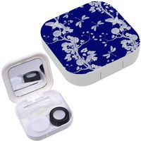 Portable Contact Lens Case Box Travel Kit Mirror + Bottle + Tweezers Container Holder [ Chinoiserie Style Peonies ]