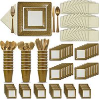 Fancy Disposable Gold & Ivory Dinnerware Set - 24 Guest - 2 Size Square Plates, Cups, Napkins, Spoons, Forks, Knives - Made of Heavyweight Paper - Posh Supplies, Elegant Design for Upscale Party