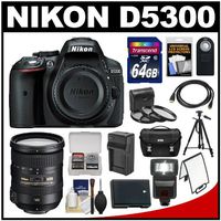 Nikon D5300 Digital SLR Camera Body (Black) with 18-200mm VR II Zoom Lens + 64GB Card + Case + Flash + Battery & Charger + Tripod Kit