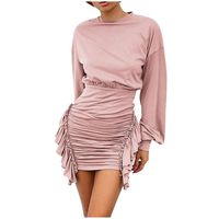 Sunhusing Women's Casual Solid Color Round Neck Long Sleeve Pleated Ruffled Irregular Slim Fit Bag Hip Dress(Pink,S)