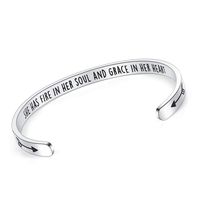 Inspirational Bracelet Cuff Bangle Best Friend Sister Gift Mantra Quote Stainless Steel Engraved Motivational Jewelry for Women by SAM & LORI (She has fire in her soul and grace in her heart)
