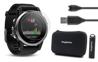 PlayBetter Garmin Fenix 5S (Silver with Black Band) Power Bundle | Includes HD Glass Screen Protector, Hard Case & PlayBetter Portable Lipstick Charger | Multi-Sport GPS Watch