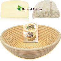WALFOS 10" Round Banneton Proofing Basket Set - NATURAL RATTAN French Style Artisan Sourdough Bread Bakery Basket,Dough Scraper/Cutter & Brotform Cloth Liner Included - For Professional & Home Bakers
